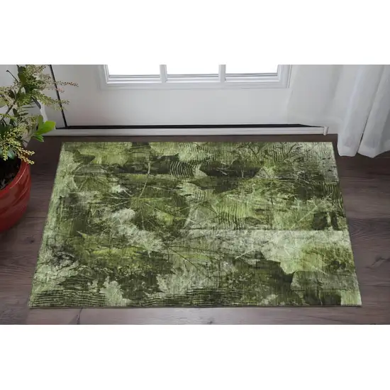 Green And Ivory Floral Washable Area Rug With UV Protection Photo 2