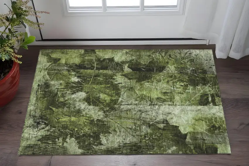 Green And Ivory Floral Washable Area Rug With UV Protection Photo 2