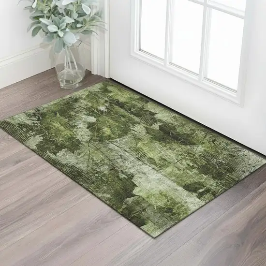 Green And Ivory Floral Washable Area Rug With UV Protection Photo 1