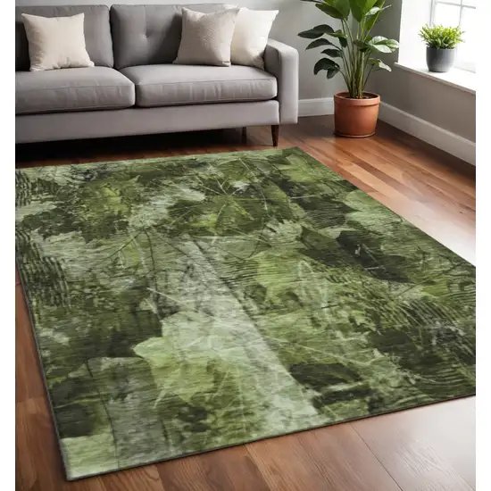Green And Ivory Floral Washable Area Rug With UV Protection Photo 2