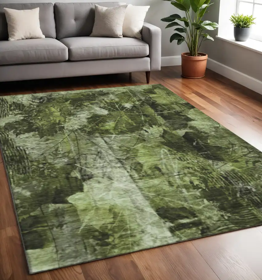 Green And Ivory Floral Washable Area Rug With UV Protection Photo 2