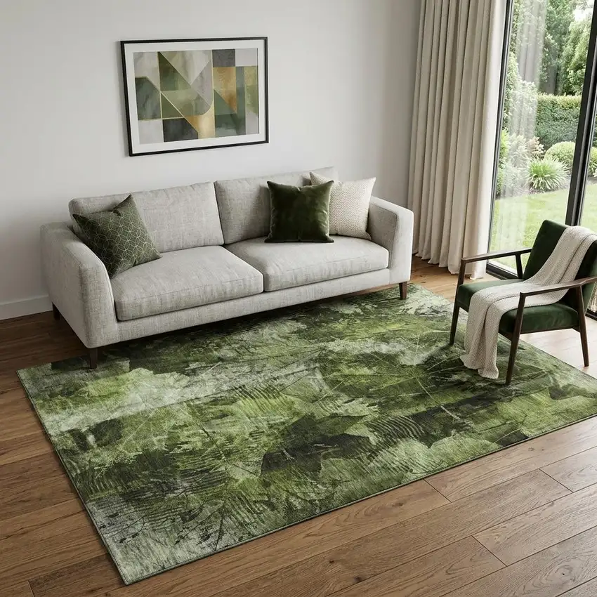 Green And Ivory Floral Washable Area Rug With UV Protection Photo 1