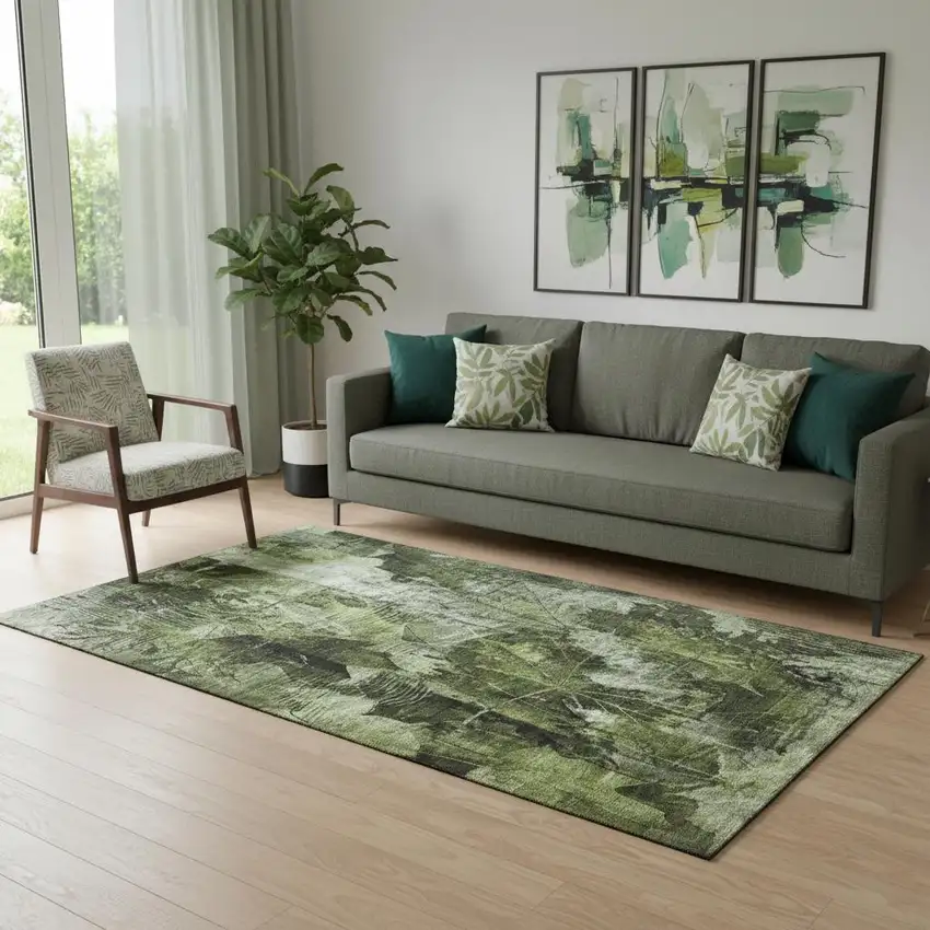 Green And Ivory Floral Washable Area Rug With UV Protection Photo 1