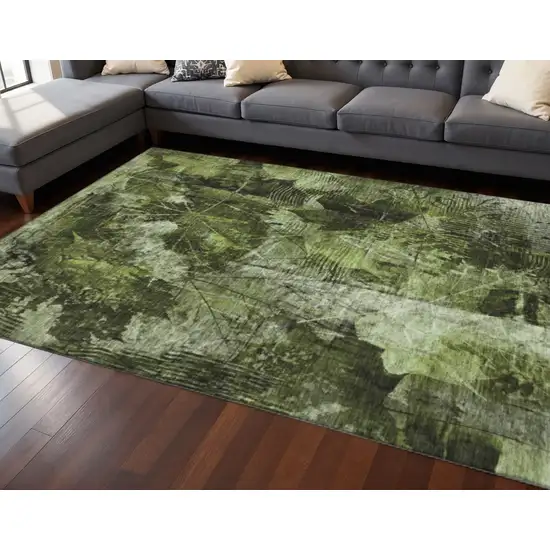 Green And Ivory Floral Washable Area Rug With UV Protection Photo 2