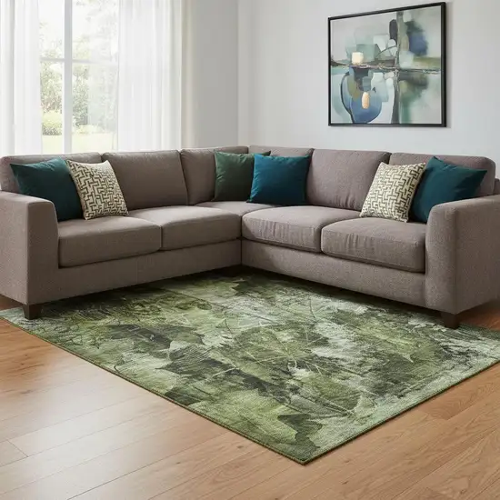 Green And Ivory Floral Washable Area Rug With UV Protection Photo 1