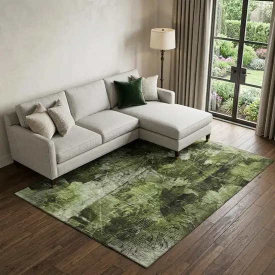Green And Ivory Floral Washable Area Rug With UV Protection Photo 1