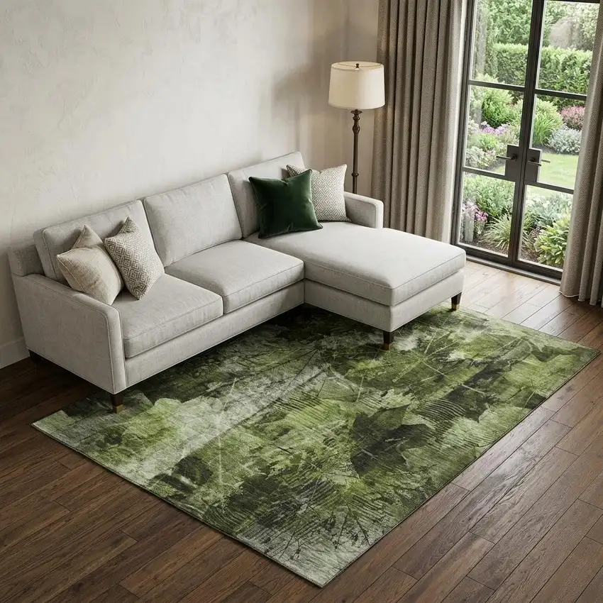 Green And Ivory Floral Washable Area Rug With UV Protection Photo 1