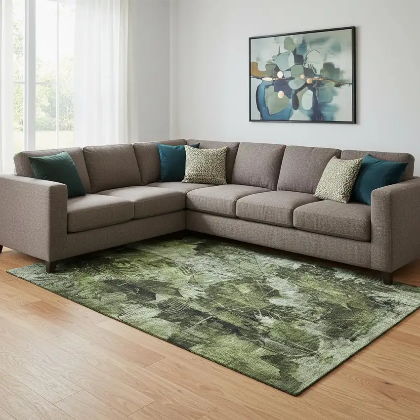 Green And Ivory Floral Washable Area Rug With UV Protection Photo 1