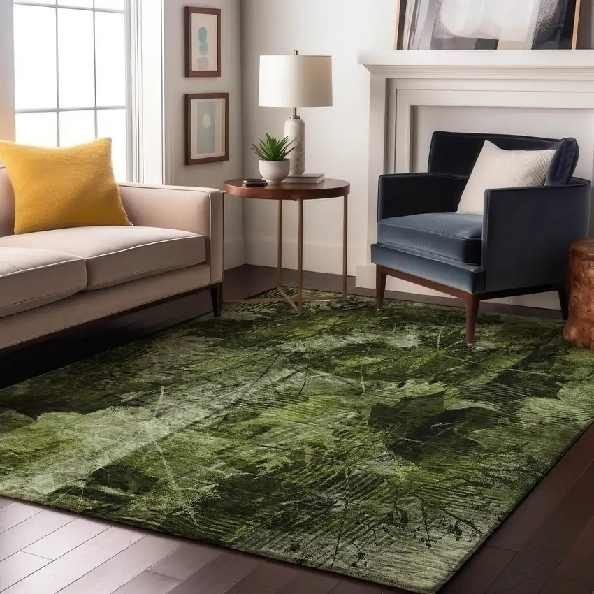 Green And Ivory Floral Washable Area Rug With UV Protection Photo 5