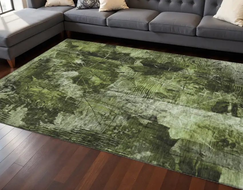 Green And Ivory Floral Washable Area Rug With UV Protection Photo 2