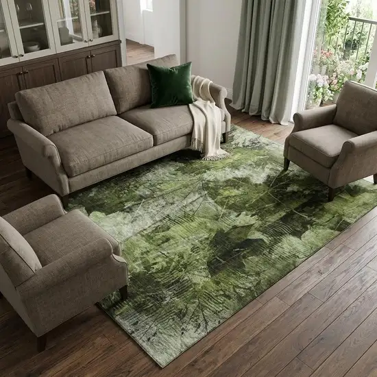Green And Ivory Floral Washable Area Rug With UV Protection Photo 1