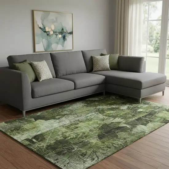 Green And Ivory Floral Washable Area Rug With UV Protection Photo 1