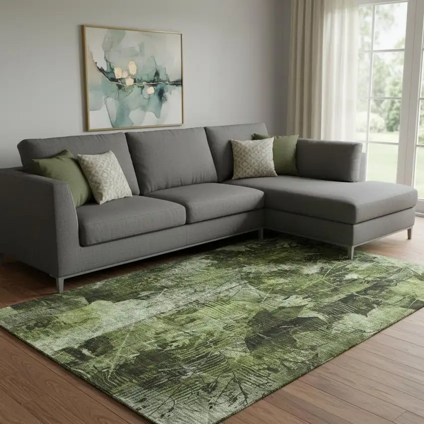 Green And Ivory Floral Washable Area Rug With UV Protection Photo 1