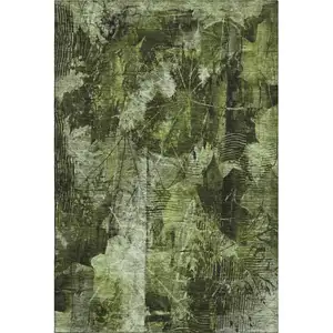 Photo of Green And Ivory Floral Washable Area Rug With UV Protection