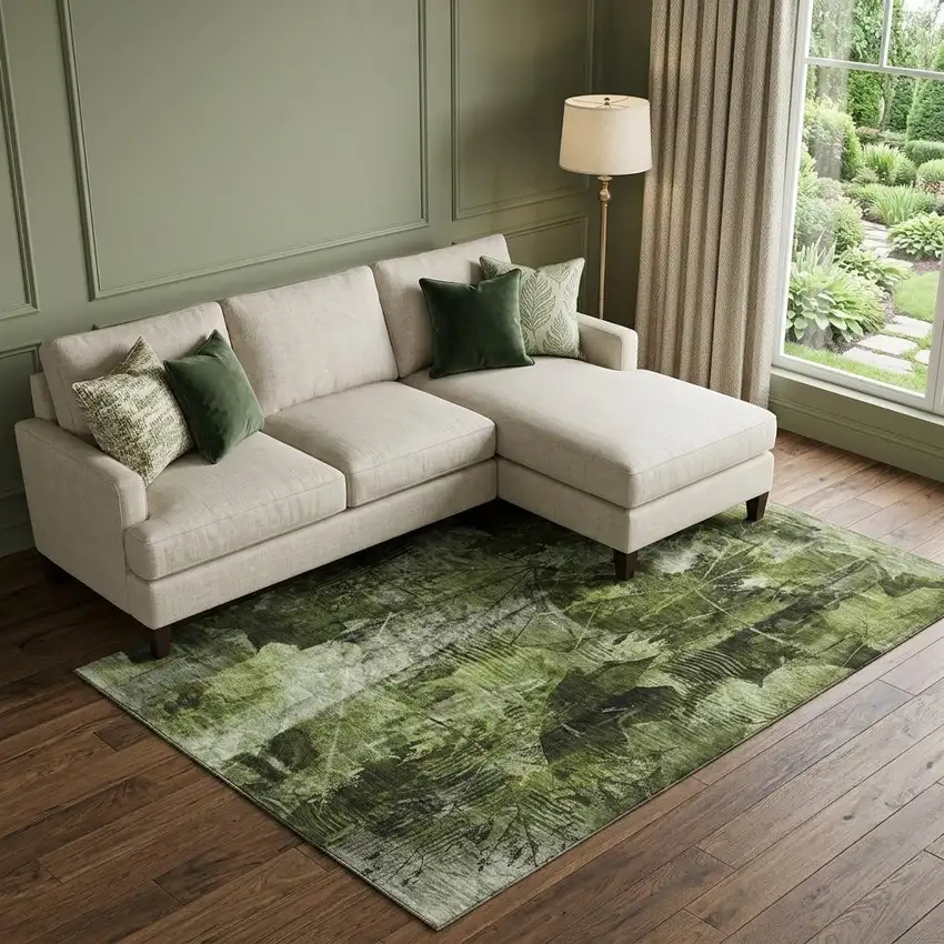 Green And Ivory Floral Washable Area Rug With UV Protection Photo 1