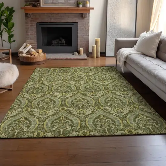 Green And Ivory Floral Washable Area Rug With UV Protection Photo 6