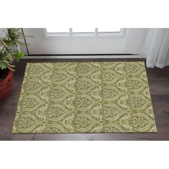 Green And Ivory Floral Washable Area Rug With UV Protection Photo 2