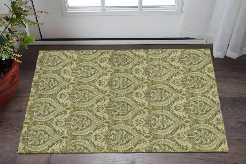 Green And Ivory Floral Washable Area Rug With UV Protection Photo 2