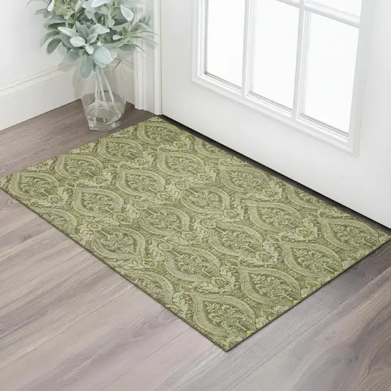 Green And Ivory Floral Washable Area Rug With UV Protection Photo 1