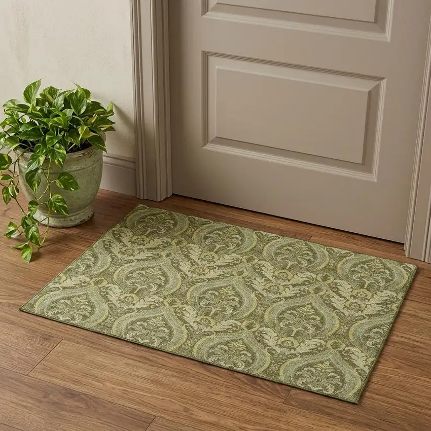 Green And Ivory Floral Washable Area Rug With UV Protection Photo 1