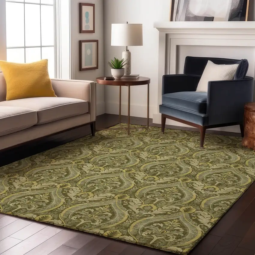 Green And Ivory Floral Washable Area Rug With UV Protection Photo 5