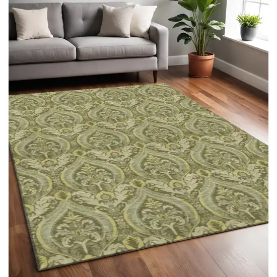 Green And Ivory Floral Washable Area Rug With UV Protection Photo 2