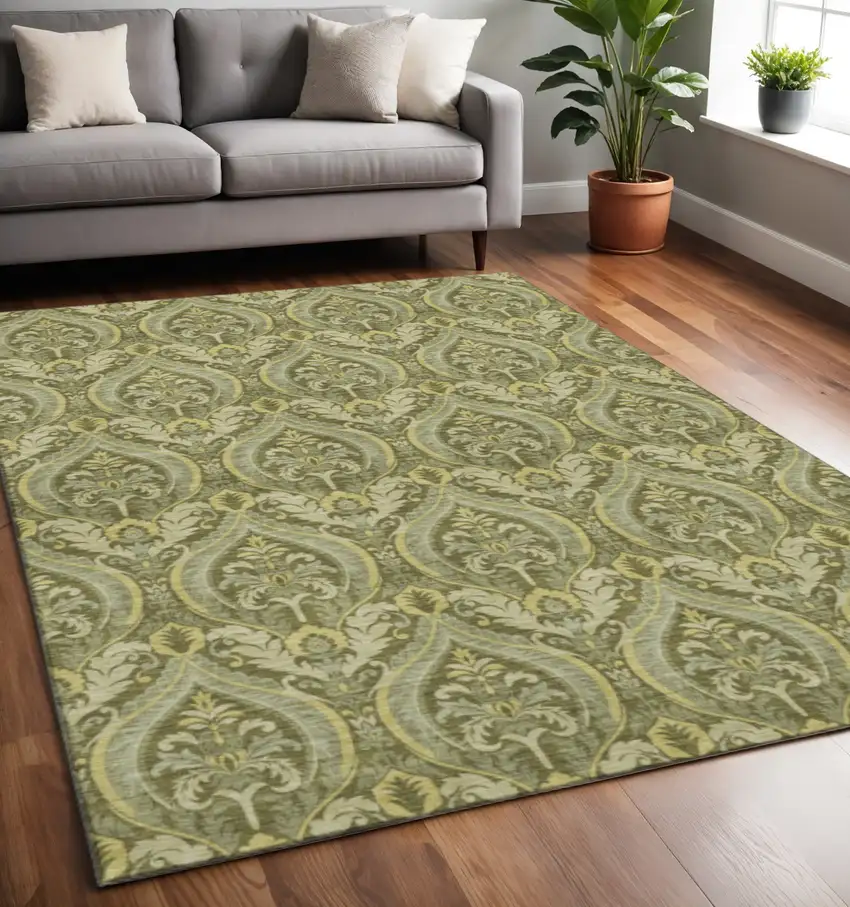 Green And Ivory Floral Washable Area Rug With UV Protection Photo 2