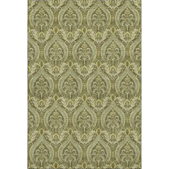 Green And Ivory Floral Washable Area Rug With UV Protection Photo 1