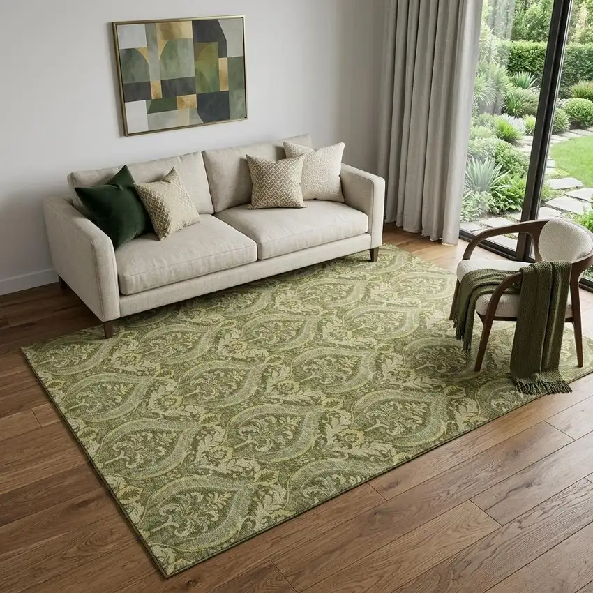 Green And Ivory Floral Washable Area Rug With UV Protection Photo 1