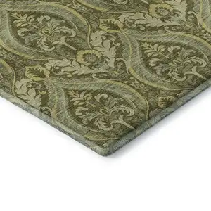 Photo of Green And Ivory Floral Washable Area Rug With UV Protection