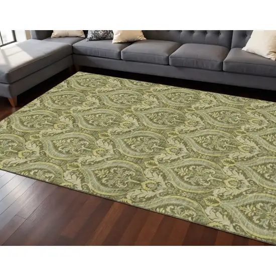 Green And Ivory Floral Washable Area Rug With UV Protection Photo 2