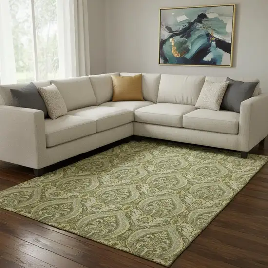 Green And Ivory Floral Washable Area Rug With UV Protection Photo 1
