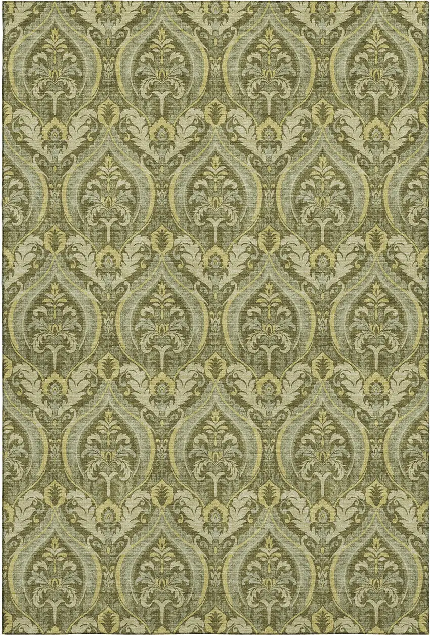Green And Ivory Floral Washable Area Rug With UV Protection Photo 1