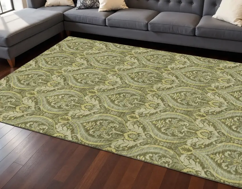Green And Ivory Floral Washable Area Rug With UV Protection Photo 2