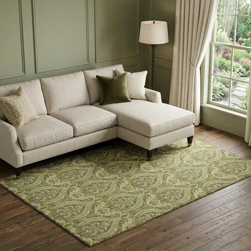 Green And Ivory Floral Washable Area Rug With UV Protection Photo 1