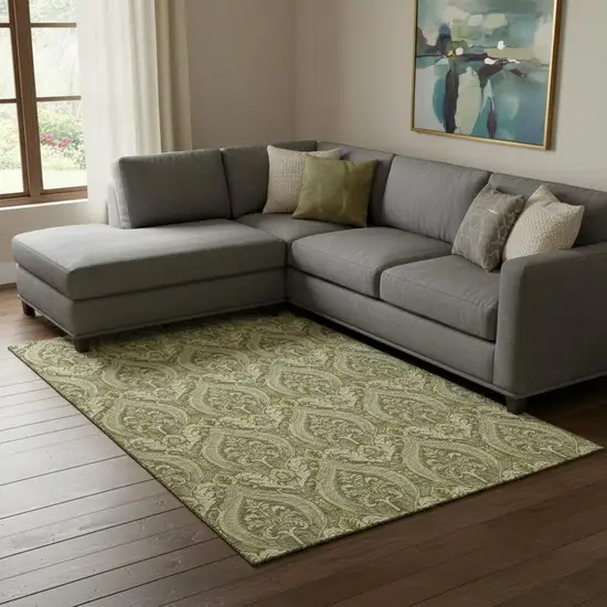 Green And Ivory Floral Washable Area Rug With UV Protection Photo 1