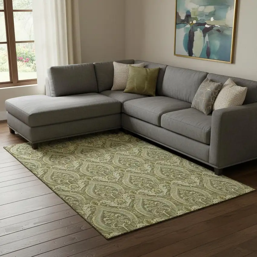 Green And Ivory Floral Washable Area Rug With UV Protection Photo 1