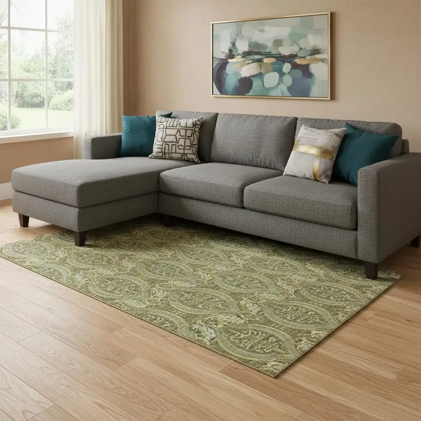 Green And Ivory Floral Washable Area Rug With UV Protection Photo 1