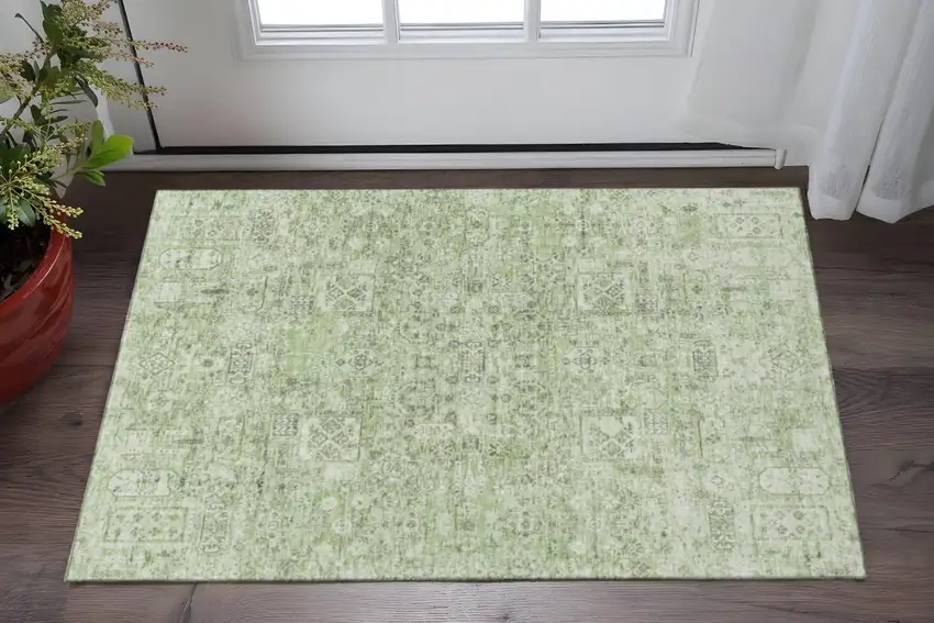 Green And Ivory Floral Washable Area Rug With UV Protection Photo 2