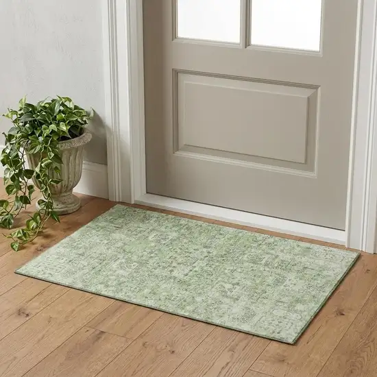 Green And Ivory Floral Washable Area Rug With UV Protection Photo 1