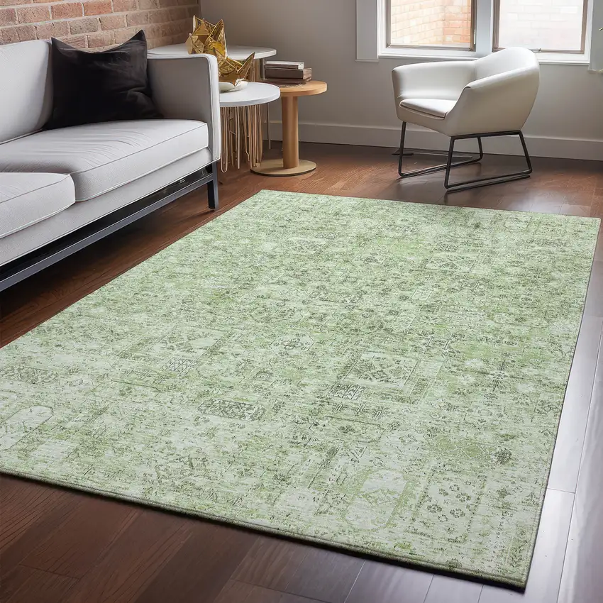 Green And Ivory Floral Washable Area Rug With UV Protection Photo 5