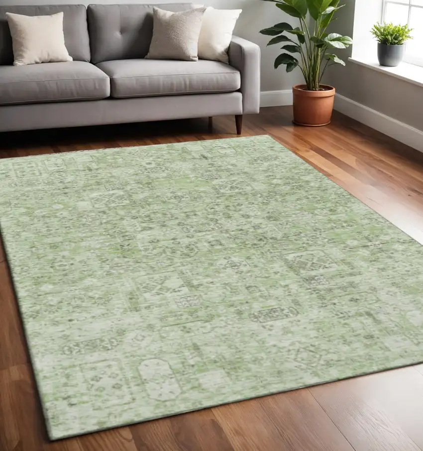 Green And Ivory Floral Washable Area Rug With UV Protection Photo 2