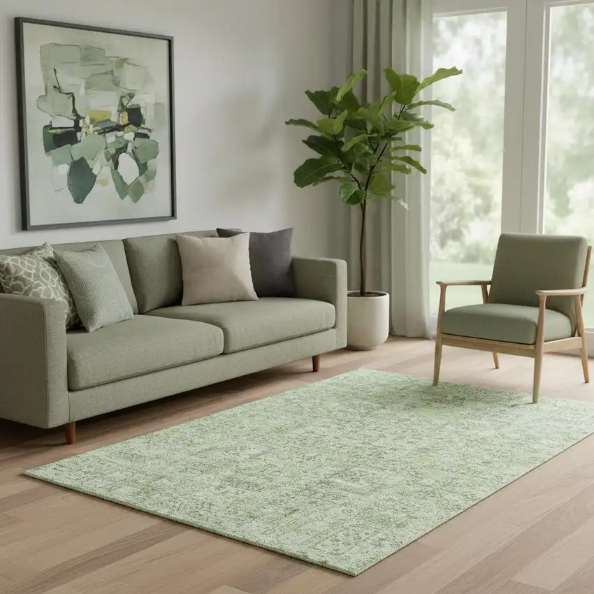 Green And Ivory Floral Washable Area Rug With UV Protection Photo 1