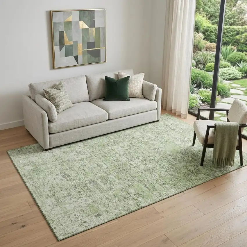 Green And Ivory Floral Washable Area Rug With UV Protection Photo 1