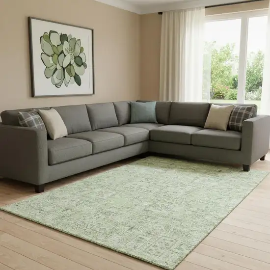 Green And Ivory Floral Washable Area Rug With UV Protection Photo 1