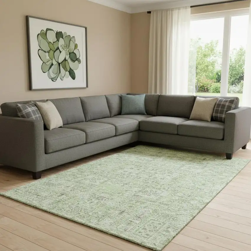 Green And Ivory Floral Washable Area Rug With UV Protection Photo 1