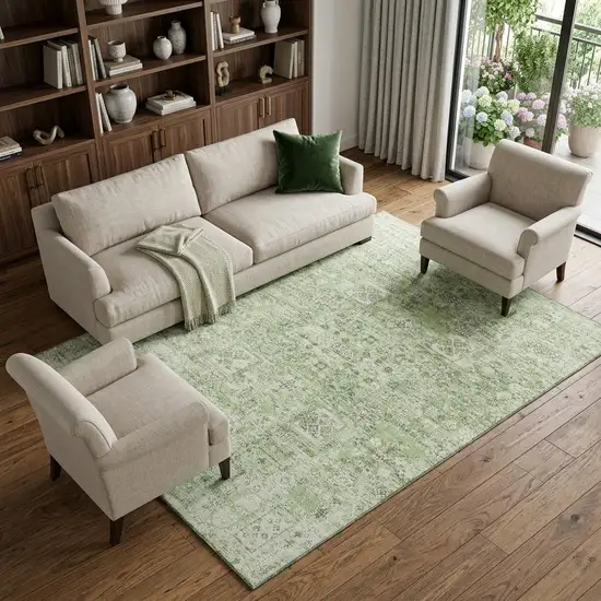 Green And Ivory Floral Washable Area Rug With UV Protection Photo 1