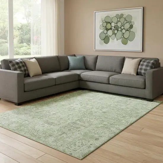 Green And Ivory Floral Washable Area Rug With UV Protection Photo 1