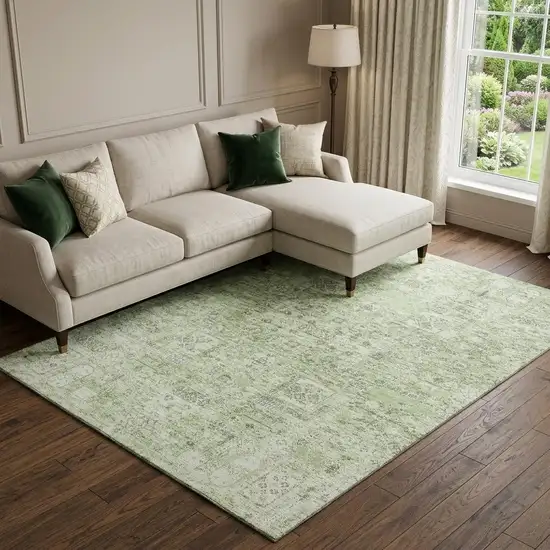 Green And Ivory Floral Washable Area Rug With UV Protection Photo 1