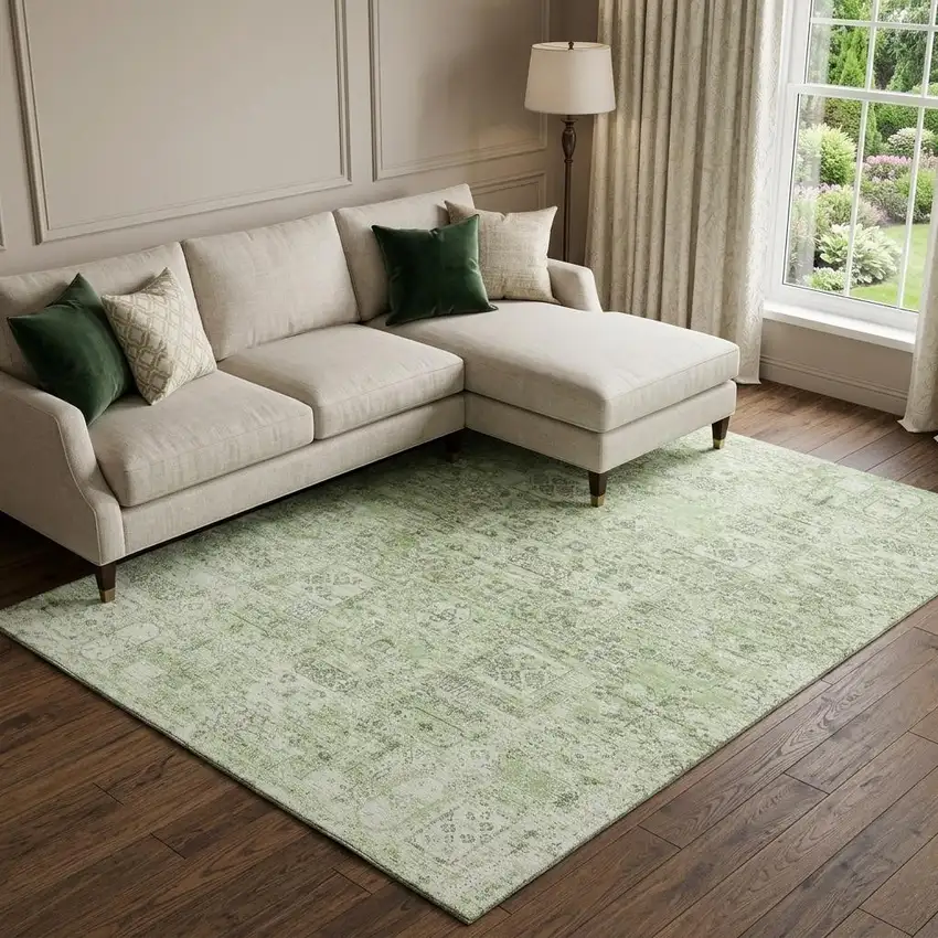 Green And Ivory Floral Washable Area Rug With UV Protection Photo 1